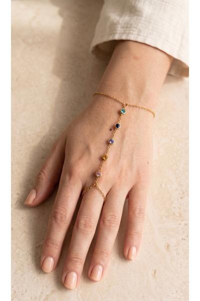 DİESMOONCO Women's Gold Stainless Steel Chain - Colorful Zircon Stone Hand Chain