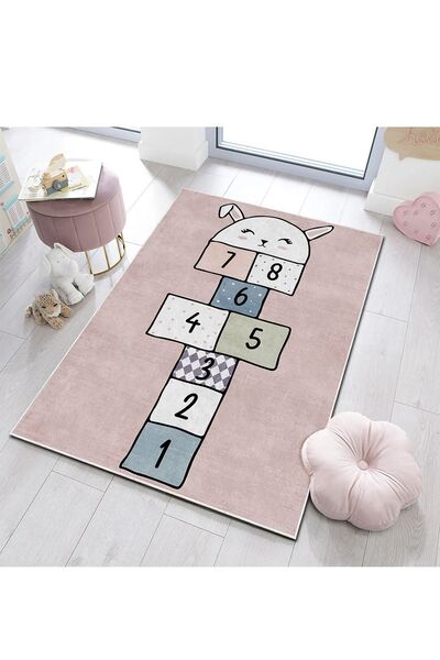 PINKIE HOME Kaymaz Makinede Yıkanabilir Leke Tutmaz Seksek Desenli Oyun Halıs...