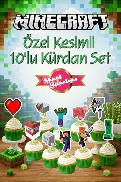 Masal Şekerleme Minecraft Temalı 10'lu Özel Kesimli Kek Süsleme Kürdan Seti, ...