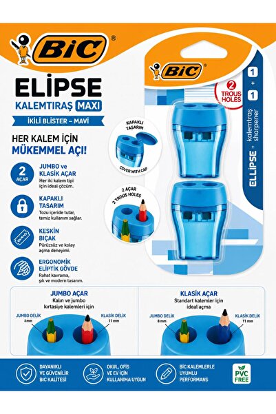 Bic Kalemtraş Maxi Elips Kapaklı İkili Blister Mavi Jumbo ve Klasik açar