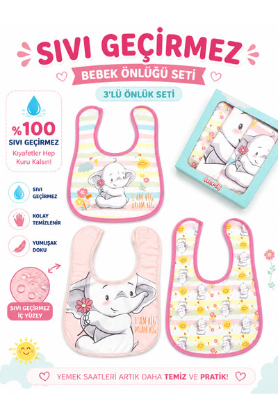 KARAMİLA 3'lü Set Bebek Mama Önlüğü / Özel Kutusunda / Sıvı Geçirmez Yıkanabilir