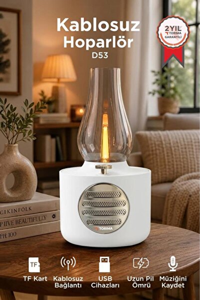 Torima Bluetooth Hoparlör Vintage Gaz Lambası Işıklı Şarjlı Speaker D53 Beyaz