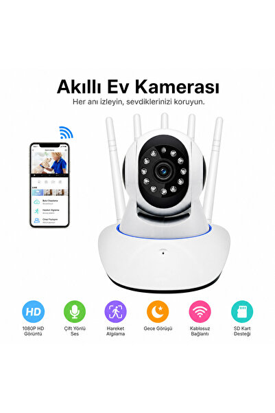 BLUE İNTER 360° Wifi İp Güvenlik Kamera 5 Antenli Gece Görüşlü Sensörlü Harek...