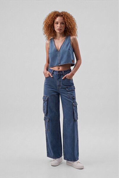 BANNY JEANS Pantaloni de damă, largi, cu buzunare cargo, albaștri