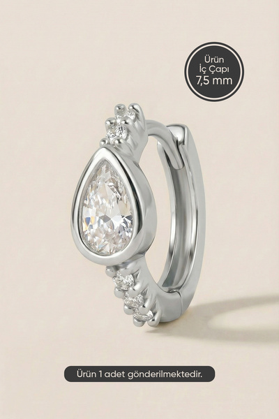Hetra Gümüş Renkli Cerrahi Çelik Damla Kesim Zirkon Taşlı Halka Piercing – He...