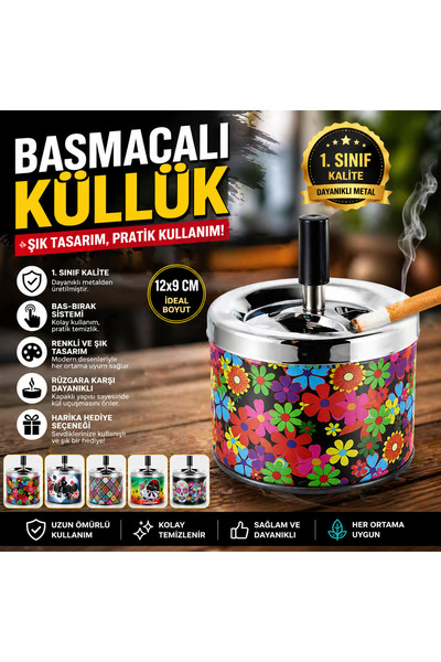 Store Basmalı Metal Küllük 12x9 Cm Renkli Desenli Kapaklı Pratik Küllük