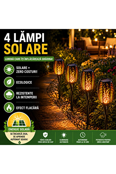 SMARTECH Set 4 lămpi solare, autonomie 8 ore, înălțime 50 cm, rezistente la i...