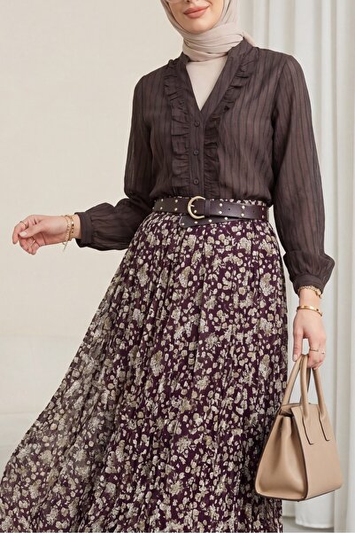 Modamorfo V-Neck Front Ruffled Tencel Semi-Transparent Bouquet Shirt - Dark B...