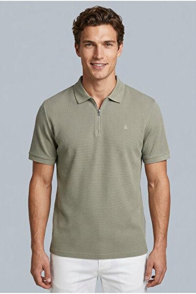 Jack & Jones Erkek Austın Zıp Fermuarlı Polo Yaka Tişört Vetiver Yeşil