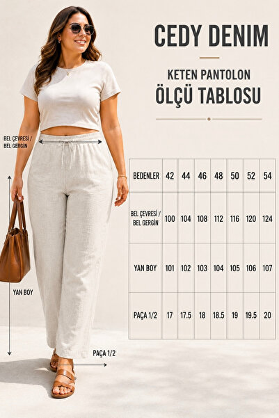 CEDY DENIM Kadın Yazlık Büyük Beden Sentetik Keten Yüksek Bel Lastikli Dar Paça Mom Pantolon C611