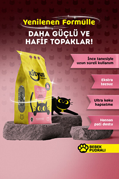 Kityus İnce Taneli Tozsuz, Topaklanan Bebek Pudralı Bentonit Kedi Kumu 10lt