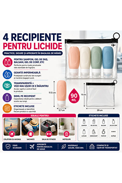 SMARTECH Set 4 sticle de călătorie, capacitate 90 ml, închidere etanșă, etich...
