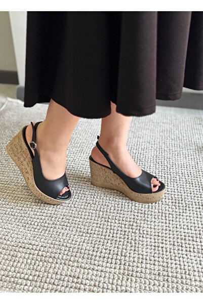 asmi shoes Women's Fenni 10 cm Wedge Heeled Cork Sole Shoes Black