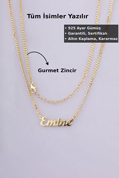Jewelmim Gurmet Zincir İsim Yazılı Gümüş Kolye | Sarı Altın Kaplama Hediye 92...