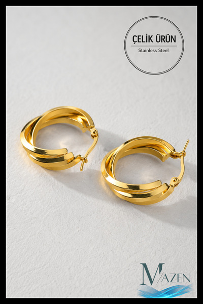 MAZEN Katmanlı Gold 316L Çelik Halka Küpe | PREMIUM | Kadın Küpe Modeli