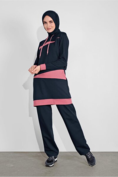 TRENDTESETTÜR Women's Navy Blue K Hooded Two-Color Double Tracksuit Set 2708