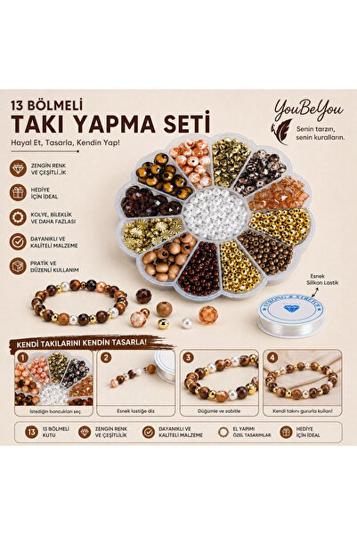 By MO Accessories 13 Bölmeli Papatya Kutuda Kahverengi ve Altın Renk Boncukla...