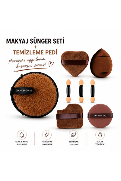 NOIRE PREMIUM Makyaj Sünger Seti + Temizleme Pedi Kahverengi