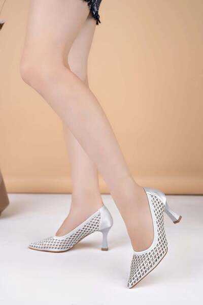 Nesil Shoes Elva 021 Silver Satin Women's Stiletto with Stones on the Heel