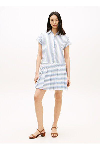 Tommy Hilfiger Mavi Kadın Elbise POPLIN PLEATED SHORT SS DRESS