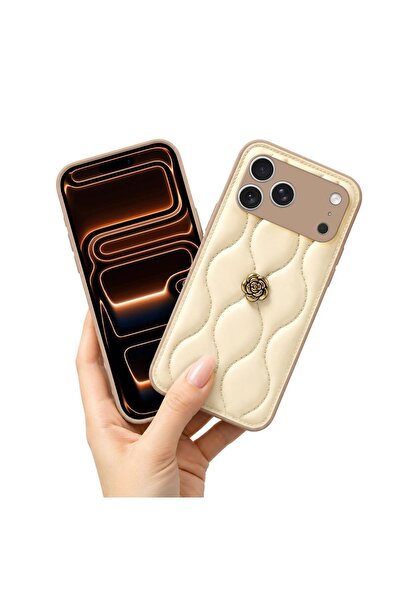 Zebana Apple iPhone 17 Pro Max Uyumlu Kılıf Camellia Deri Kılıf Bej