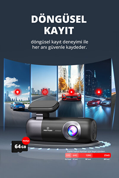 CONOCER Redtiger F9 UHD 4K Dash Araç İçi Kamerası + Arka Kamera 1080P Wi-Fi , GPS 64GB SD Kart Dahil