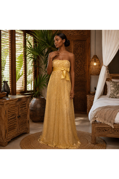 Faviana New York Long yellow sequined cloche evening dress with bow