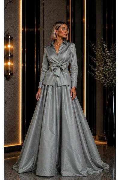 SERAVENZA COUTURE Long Sleeve Mobile Belted Double-Breasted Shirt & Maxi Skir...