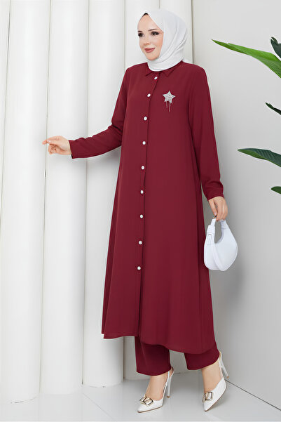 Soft Organic Fabric Shirt Collar Hijab Women's Long Tunic Two Piece Set with Pants 10133