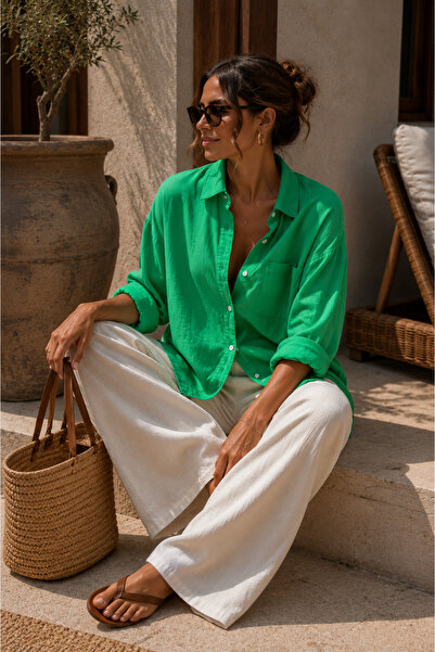 bb butik basic oversized Λινό Με υφή 100% Βαμβάκι Μονό Με τσέπες Χαλαρό Πράσι...