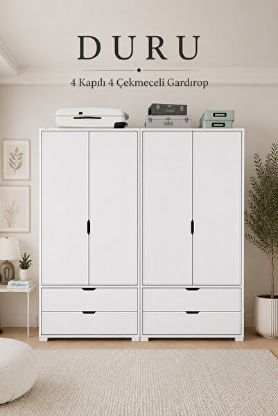 midoser Duru Mat Beyaz 4 Kapılı 4 Çekmeceli Elbise Dolabı - Gardırop Seti