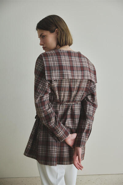 BE BLUE Brown Plaid Shirt with Collar Detail