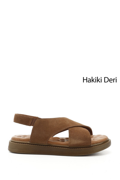 GÖNDERİ(R) Kadın Taba Süet Çapraz Bantlı Dolgu Taban Hakiki Deri Comfort Sand...