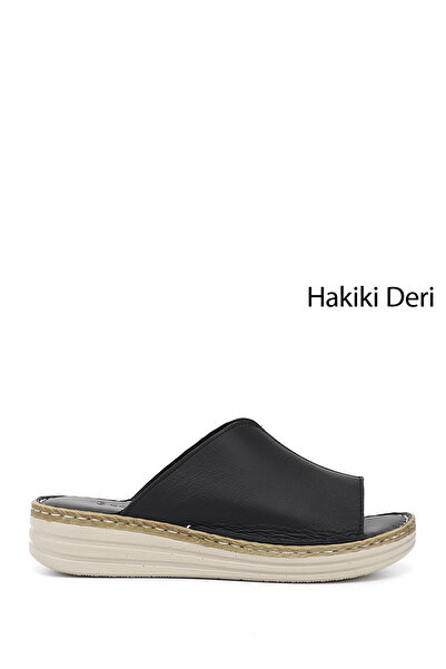 GÖNDERİ(R) Kadın Siyah Dolgu Topuk Hakiki Deri Comfort Terlik