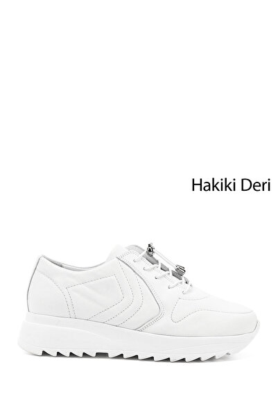 GÖNDERİ(R) Kadın Beyaz Antik Bağcıklı Dolgu Taban Hakiki Deri Sneaker