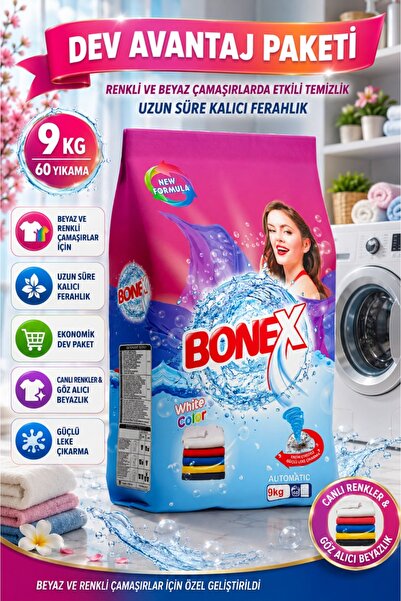 Bonex 9 Kg Toz Çamaşır Deterjanı – Beyazlar ve Renkliler İçin Güçlü Leke Çıka...