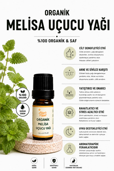 Aliye's Planet %100 Organik Melisa Uçucu Yağı – Cilt Bakımı, Aromaterapi, Str...