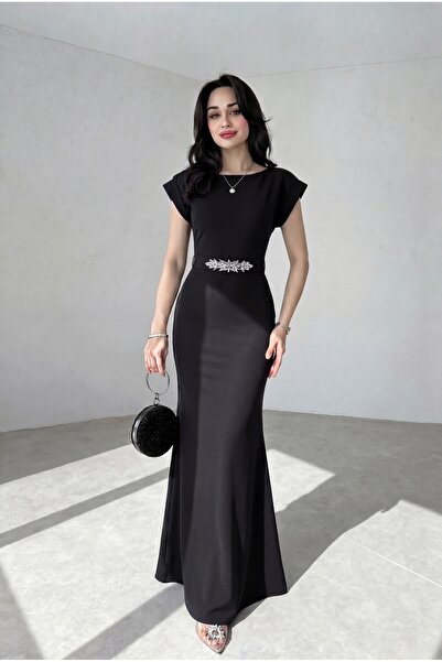 ALFUDO Moda Collection Kısa Kol Volanlı Taş Detaylı Kemerli Uzun Mezuniyet Ab...