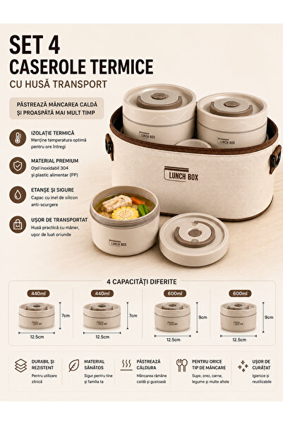 OEM HomeRoy – Set 4 caserole Termice cu husa transport, 440ml + 600ml, interi...