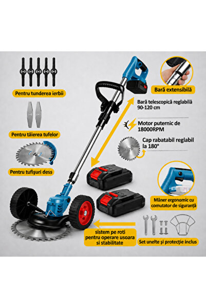 MODALITE Motocoasa electrica cu roti, 2 acumulatori, 48V, 4000 mAh, 18000 RPM...