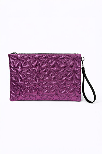 Ecrou Star Patterned Fuchsia Shiny Portfolio & Clutch Bag with Removable Wris...