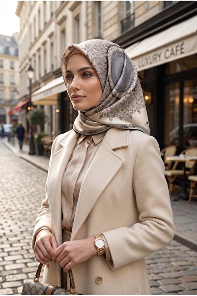 Vissona %100 Twill İpek Şal Desenli Gri Renkli 90x90 Eşarp Dikim Şekli : El D...