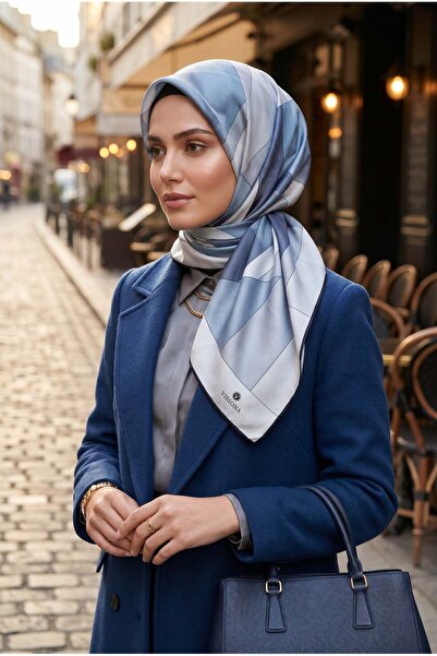 Vissona %100 Twill İpek Geometrik Desenli İndigo - Gri Renkli 90x90 Eşarp Dik...
