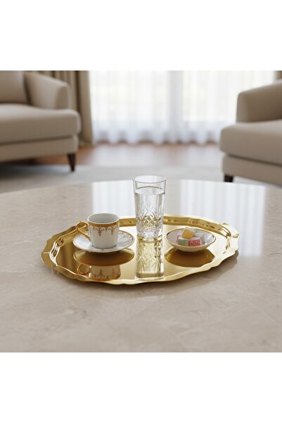 FABRIONA TEK TARAFLI GOLD 6'Lı Çelik Tepsi Oval Model Kahve Çay Söz Nişan Lok...