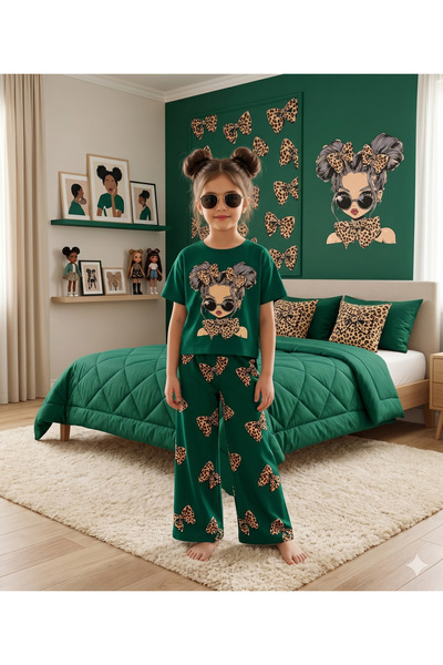 Fil Kids Анцуг от 100% памук, зелено момиче и леопардов мотив с панделка