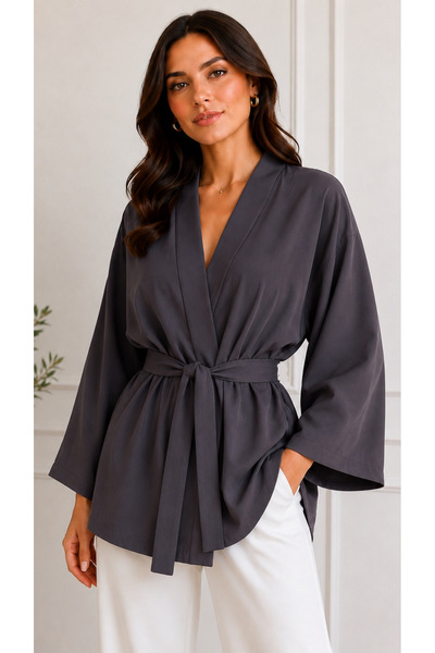 Glowear Atelier Dark Grey Tasarım Kuşaklı Kimono