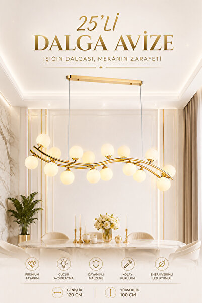 Elvora Home Modern (PREMİUM) Altın Sarkıt Avize 16’lı Metal Gövde Opak Küre S...