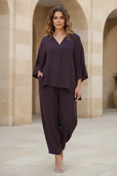 ABBRA Women's Single Button Elastic Waist Shalwar Trousers Set