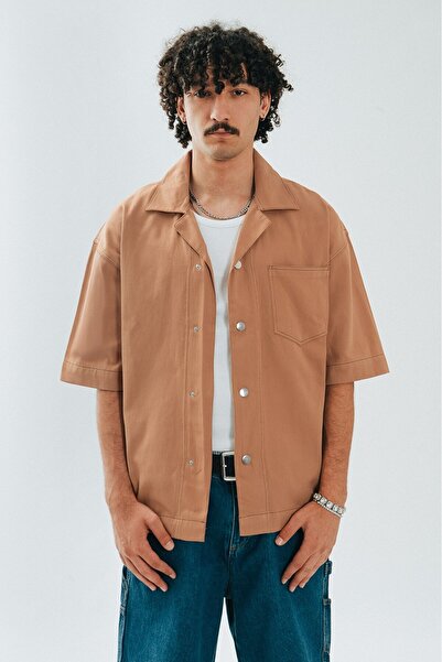 black sample 100% Cotton Reverse Stitching Oversize Beige Men's Shirt