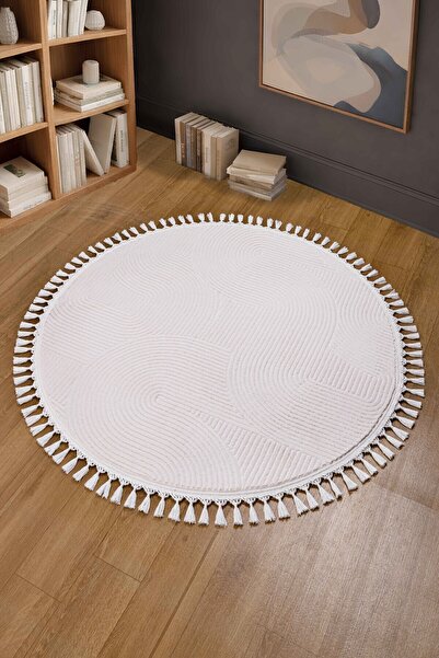 Valery Home Merinos Rölyef Joy Krem Daire Kaymaz Taban Kesme Halı Pon Pon